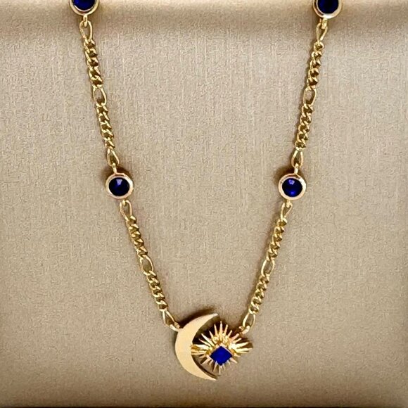 Last Week of Closet! NWT 18K Gold Plated Star Moon Blue Sapphire Necklace 18” - Picture 10 of 16